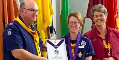 Sarah Smith receives a Silver Emu Award for 20+ years of contributions to the Scout community in Canberra