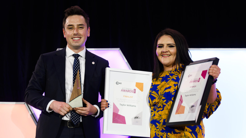 Michael Pettersson (MLA, ACT Legislative Assembly) and Taylor Williams (our indigenous apprentice) at the 2019 ACT Training Awards ceremony. Photo Credit: Skills Canberra.